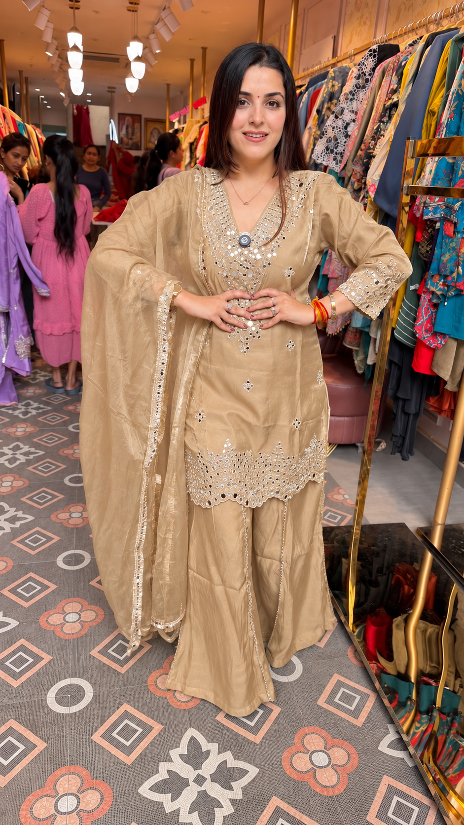 Chikankari-Style Kurta with Palazzo Pants & Dupatta Set