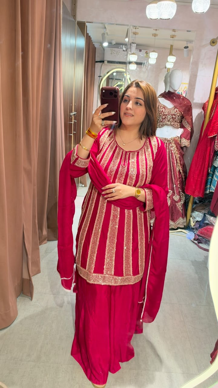 Gold Work Embroidered Kurti with Sharara and Dupatta