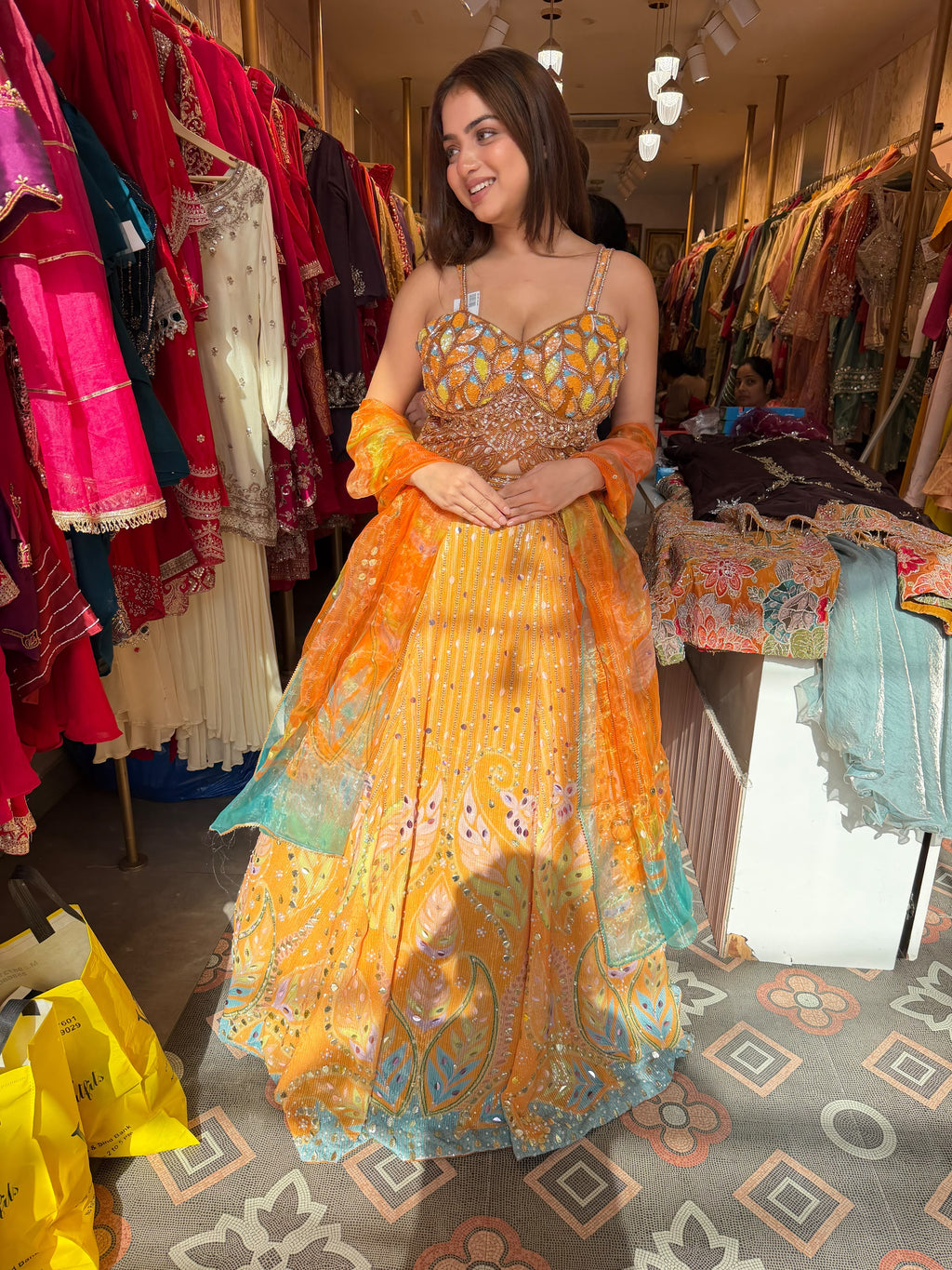 Sunshine Yellow & Turquoise Blue Embroidered Lehenga Choli with Dupatta