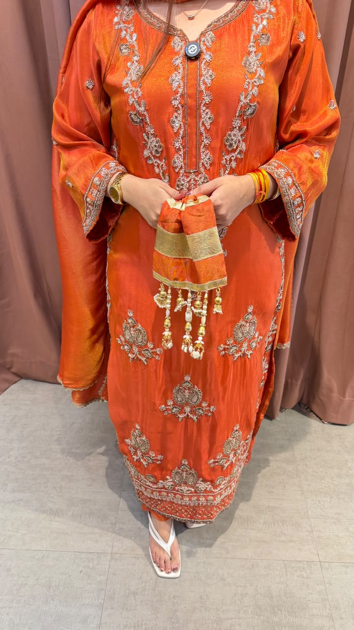 Orange Straight-Cut Embroidered Kurta Set with Dupatta