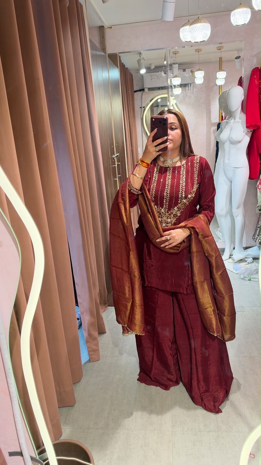 Wine Maroon Embroidered Punjabi Suit with Silk Dupatta