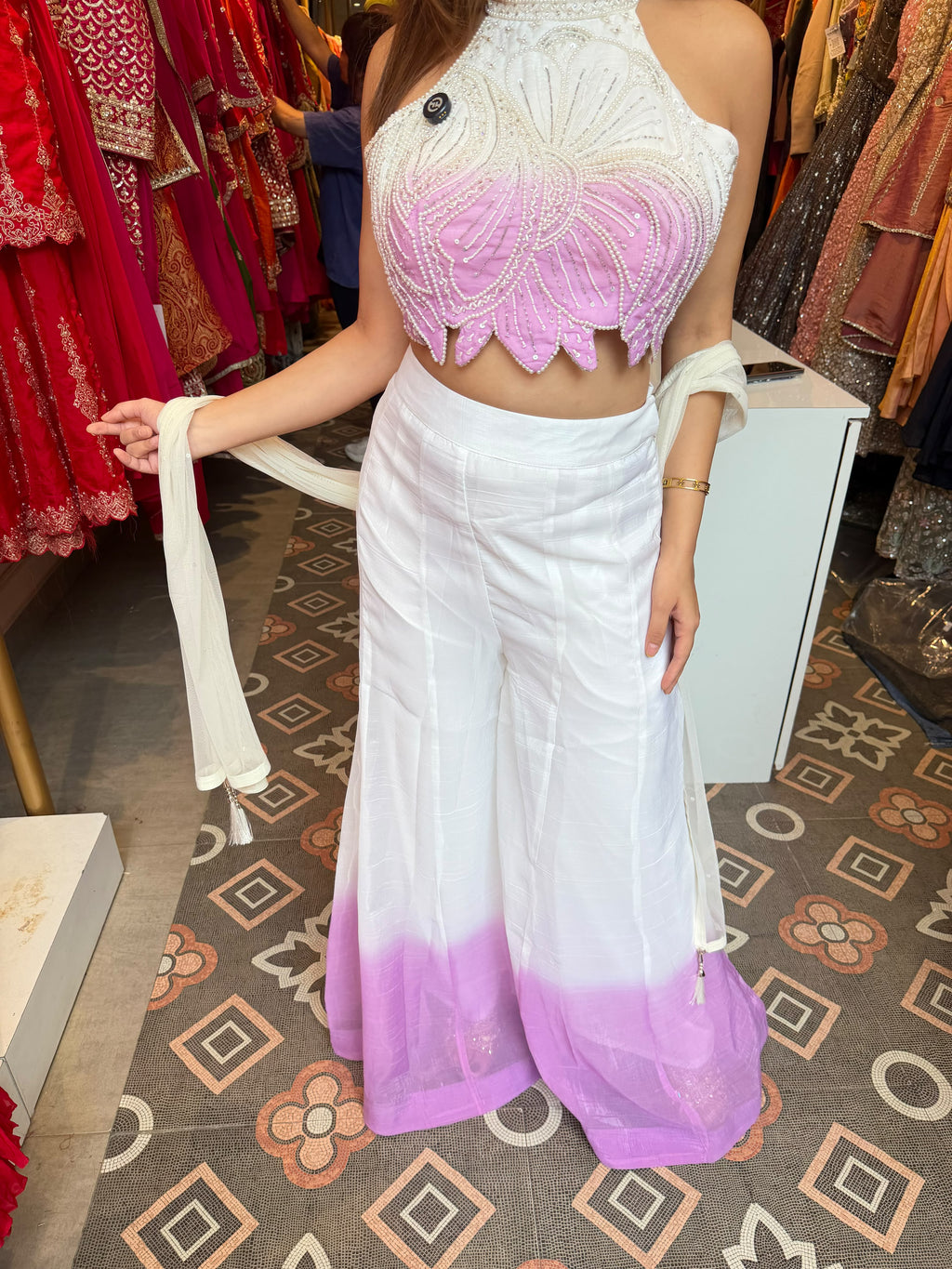White & Lilac Ombre Indo-Western Co-ord Set