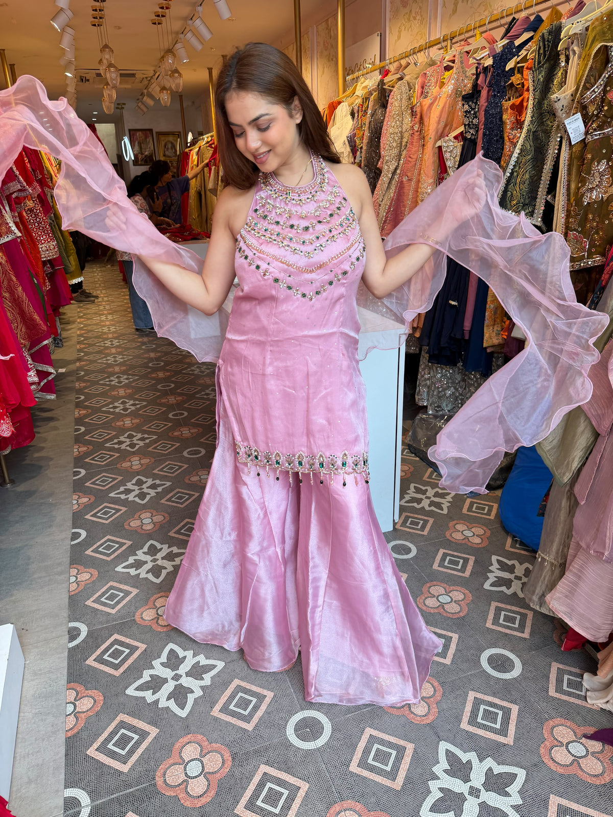 Embellished Halter-Neck Peplum Sharara Set