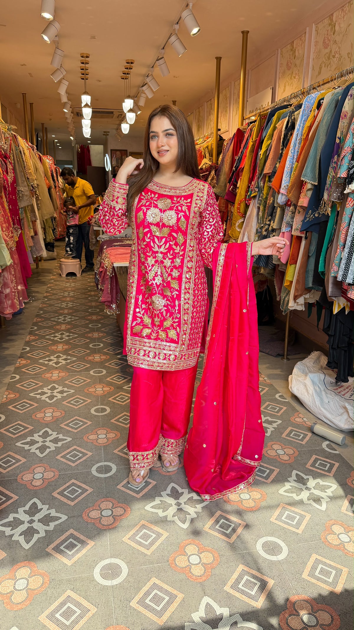 Fuchsia Embroidered Straight Kurta with Palazzo Pants & Dupatta