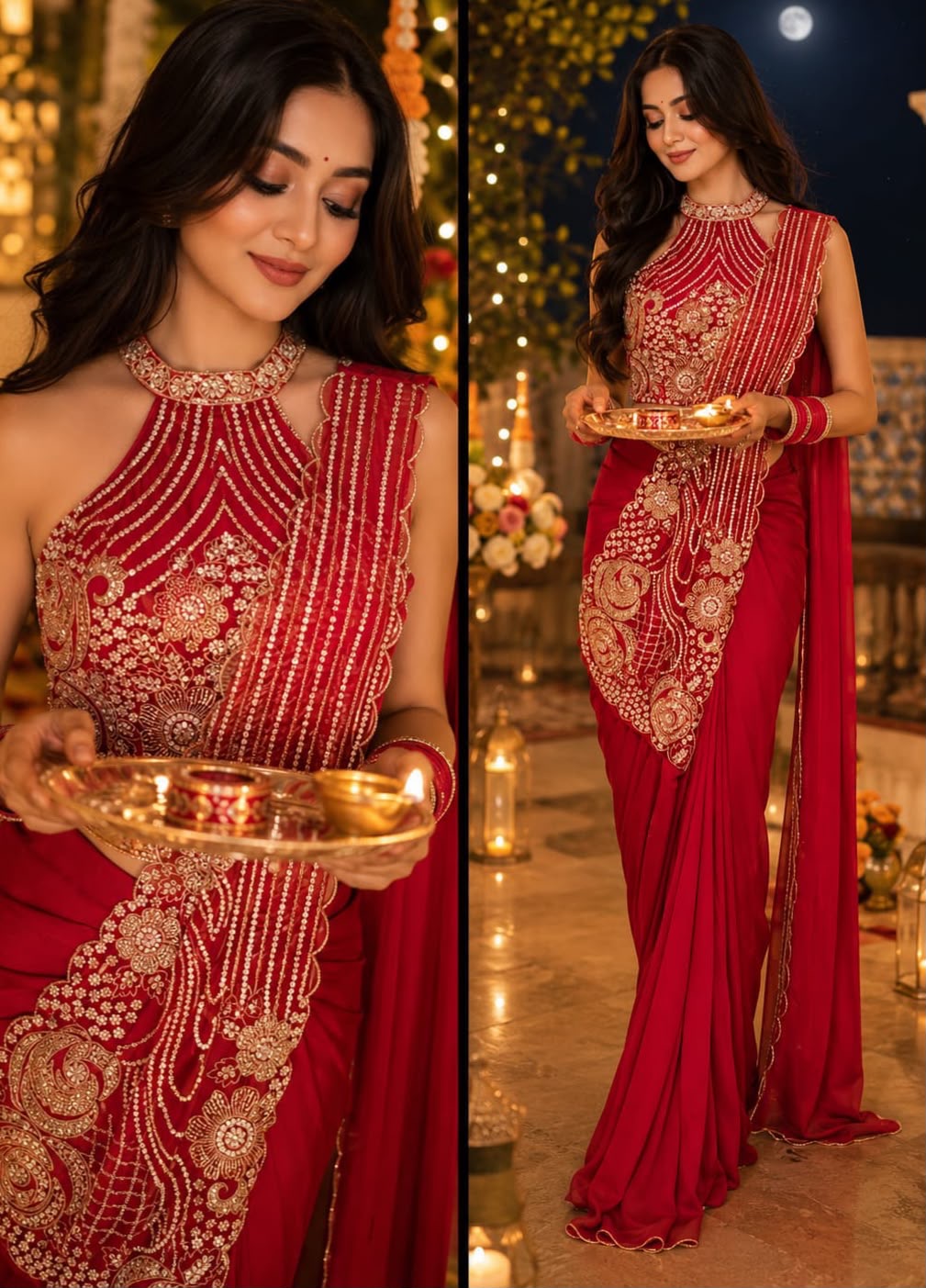 Red Embroidered Pre-Draped Saree with Halter-Neck Blouse