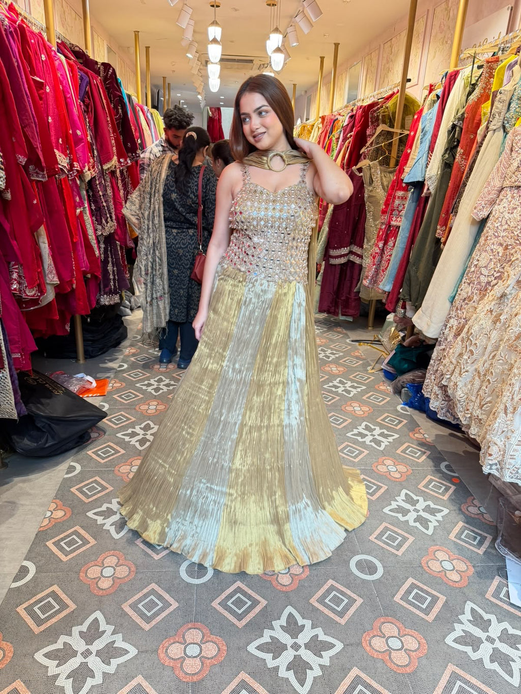 Champagne Gold Mirror-Work Corset Lehenga