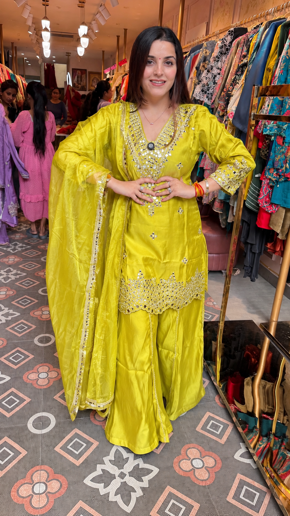 Chikankari-Style Kurta with Palazzo Pants & Dupatta Set