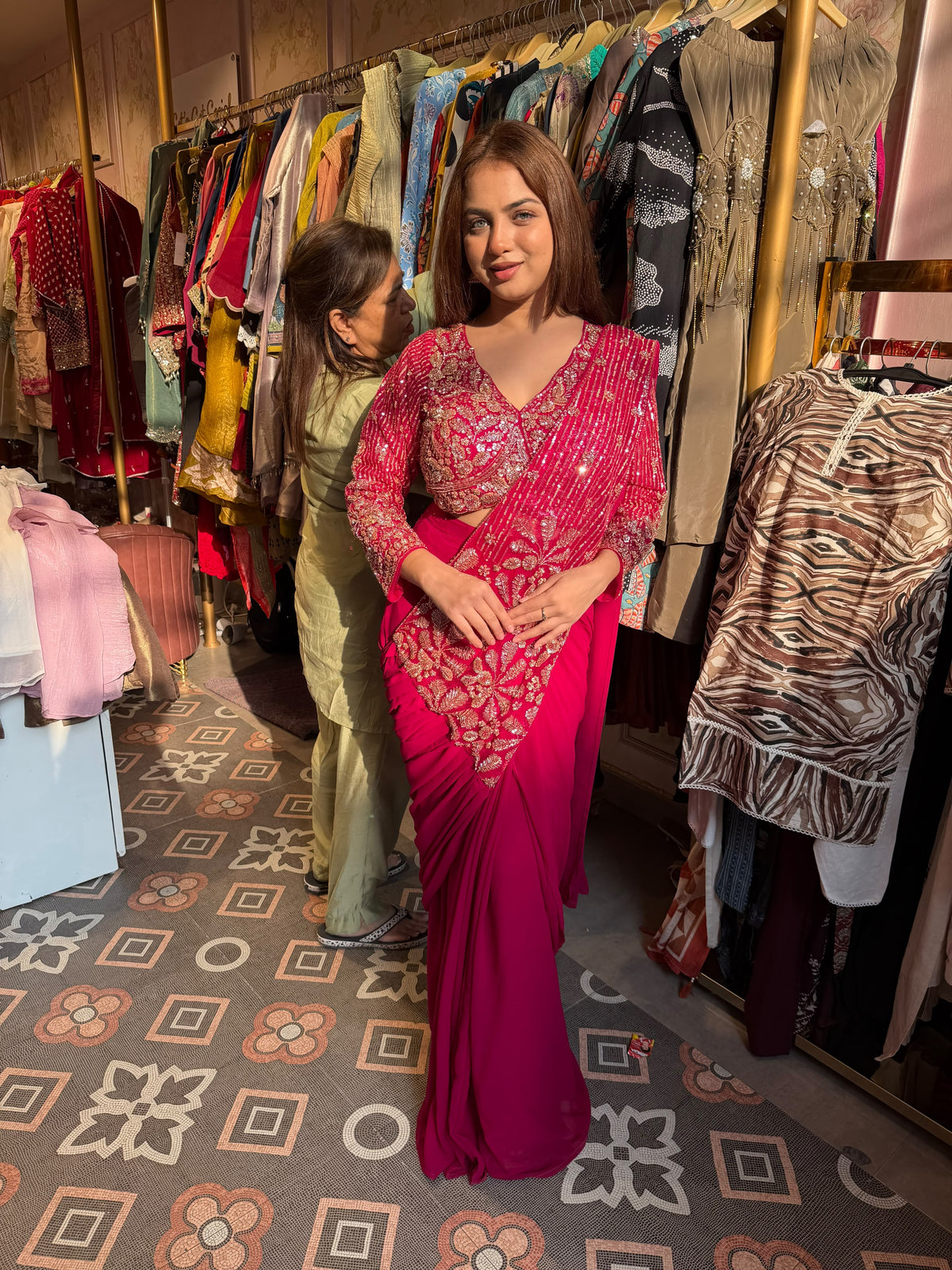 Fuchsia Pink Pre-Draped Saree with Embroidered Blouse