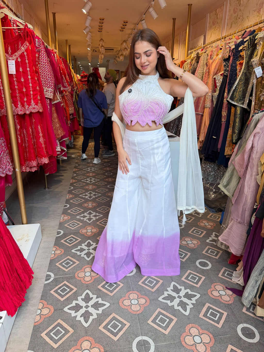 White & Lilac Ombre Indo-Western Co-ord Set