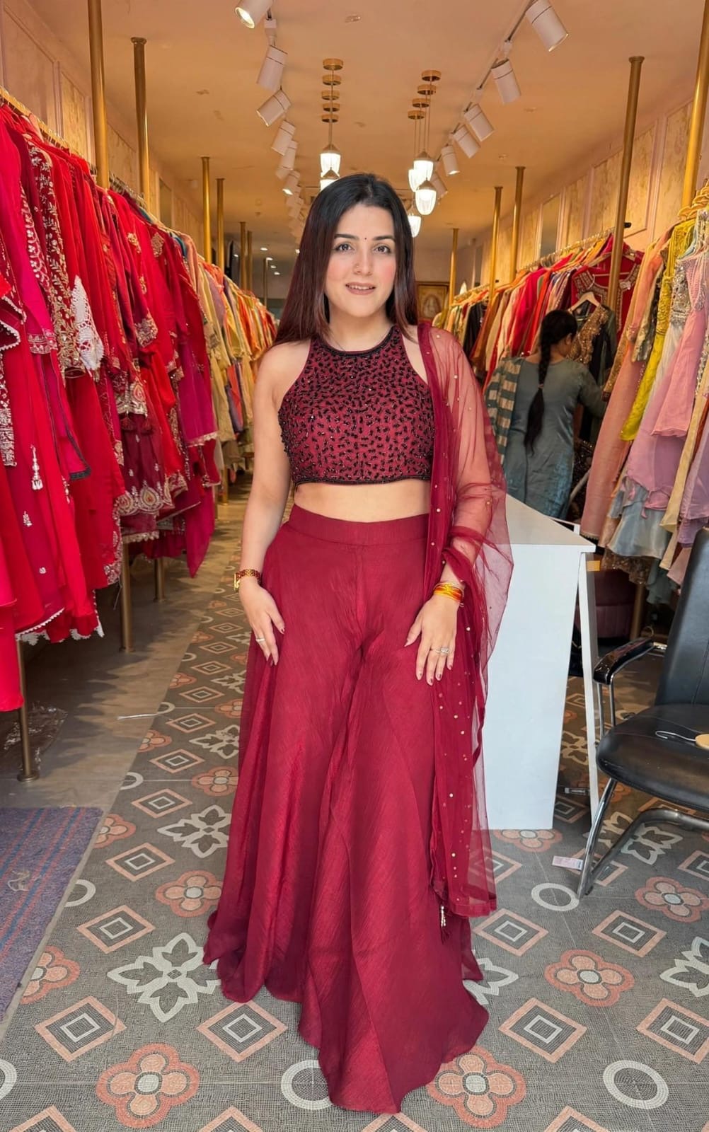 Embellished Crop Top with Flared Palazzo Lehenga Set