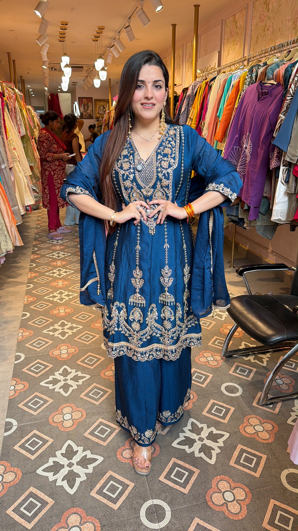Navy Blue Embroidered Anarkali Kurta Set with Palazzo Pants