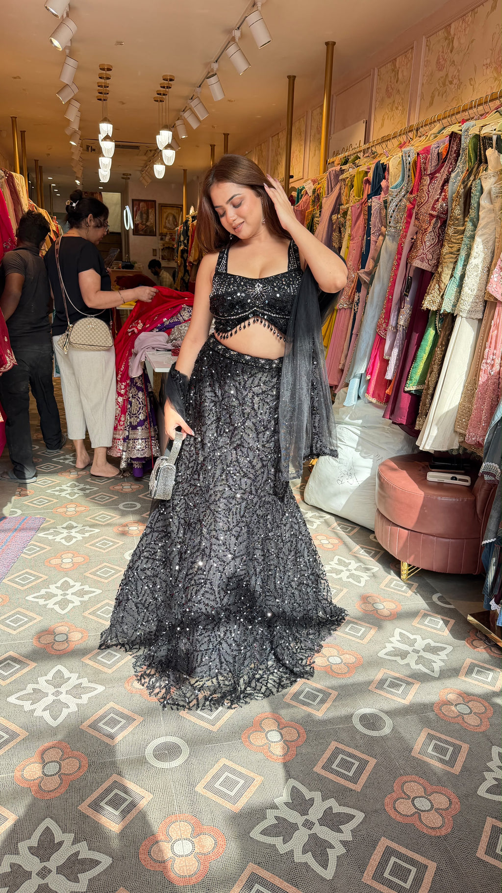 Black Sequin Mermaid Lehenga with Embellished Bustier & Sheer Dupatta