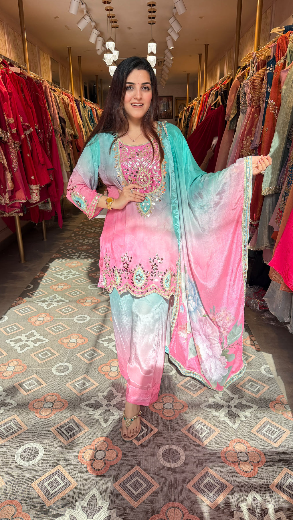 Elegant pink and blue shaded glass tissue ethnic suit