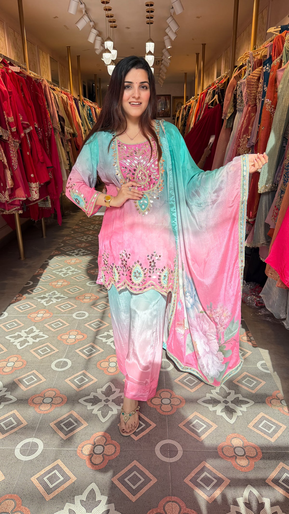 Elegant pink and blue shaded glass tissue ethnic suit