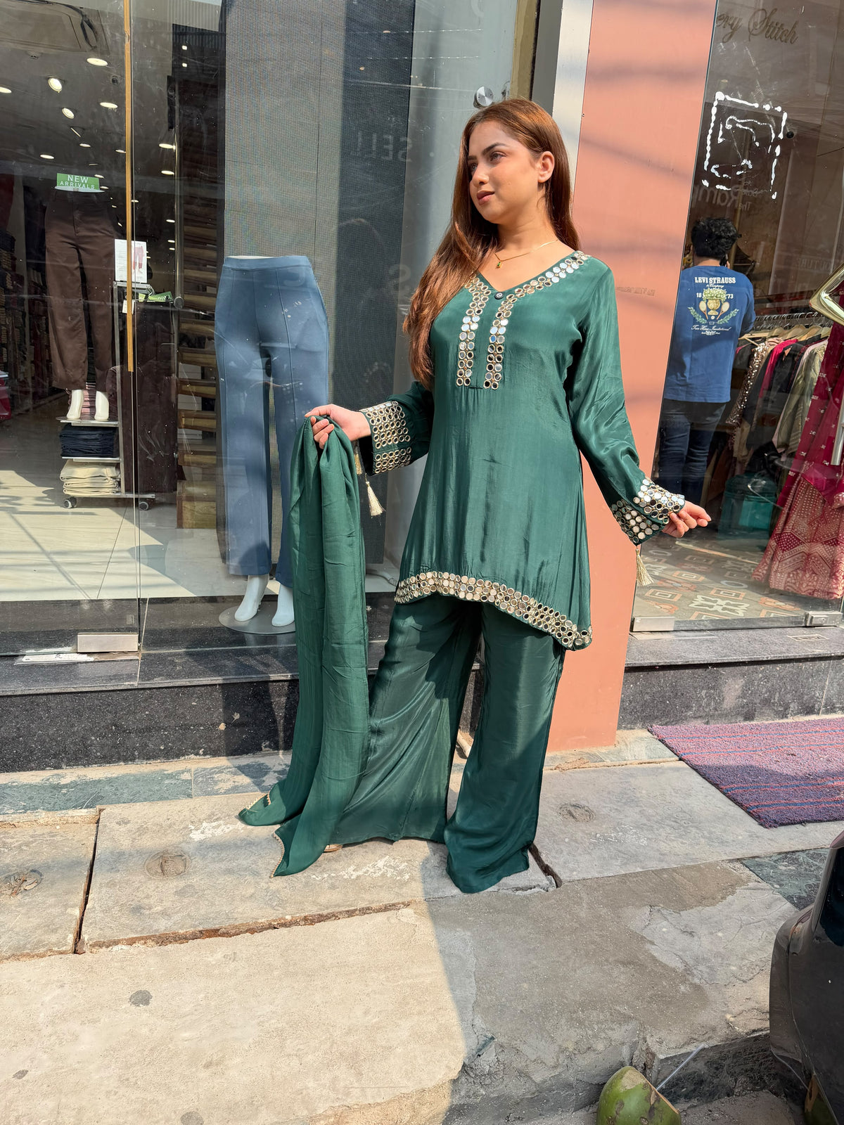 Emerald Green Mirror Work Palazzo Suit Set