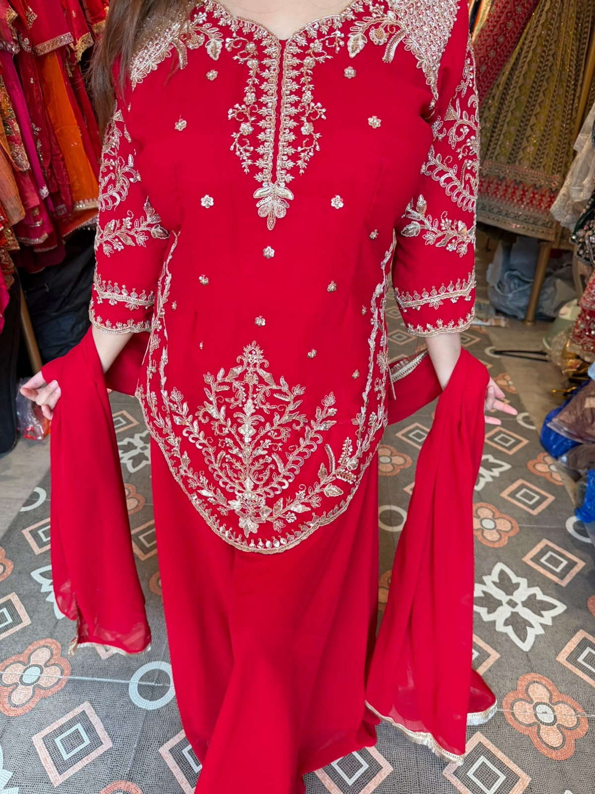 Elegant Red Embroidered Straight-Cut Suit with Sharara