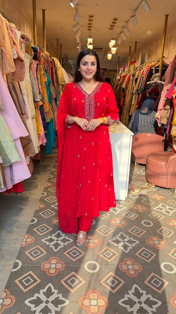 Red Embroidered Anarkali Suit with Chiffon Dupatta