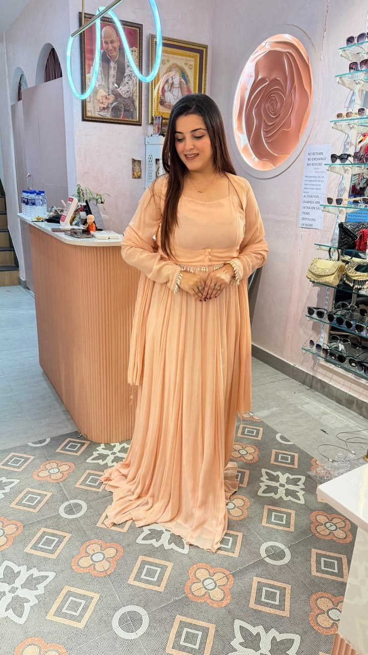 Peach Georgette Pleated Gown-Style Suit