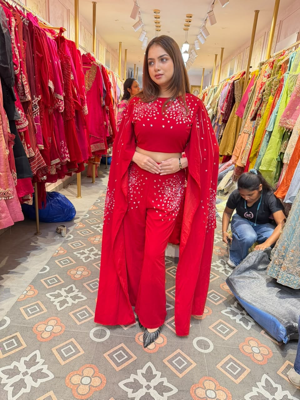 Stylish Embroidered Crop Top with Pant & Cape Indo-Western Co-Ord Set