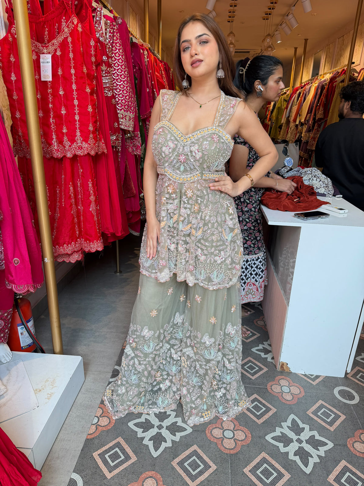 Green Embroidered Peplum Sharara Set