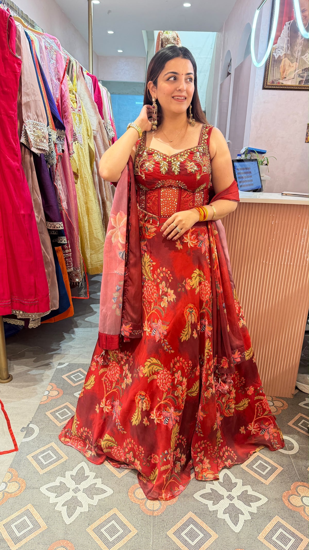 Cherry Red Floral Printed Indo-Western Anarkali Gown