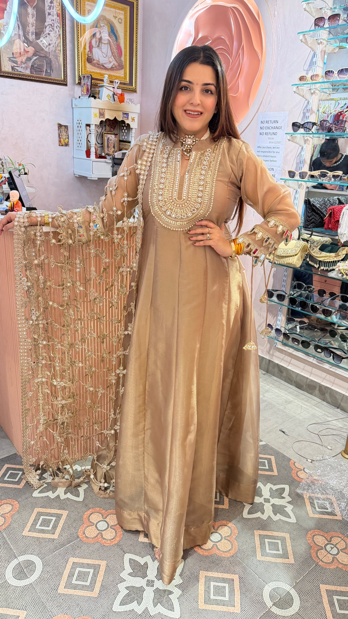 Champagne Gold Anarkali Gown with Heavy Pearl & Mirror Embroidery