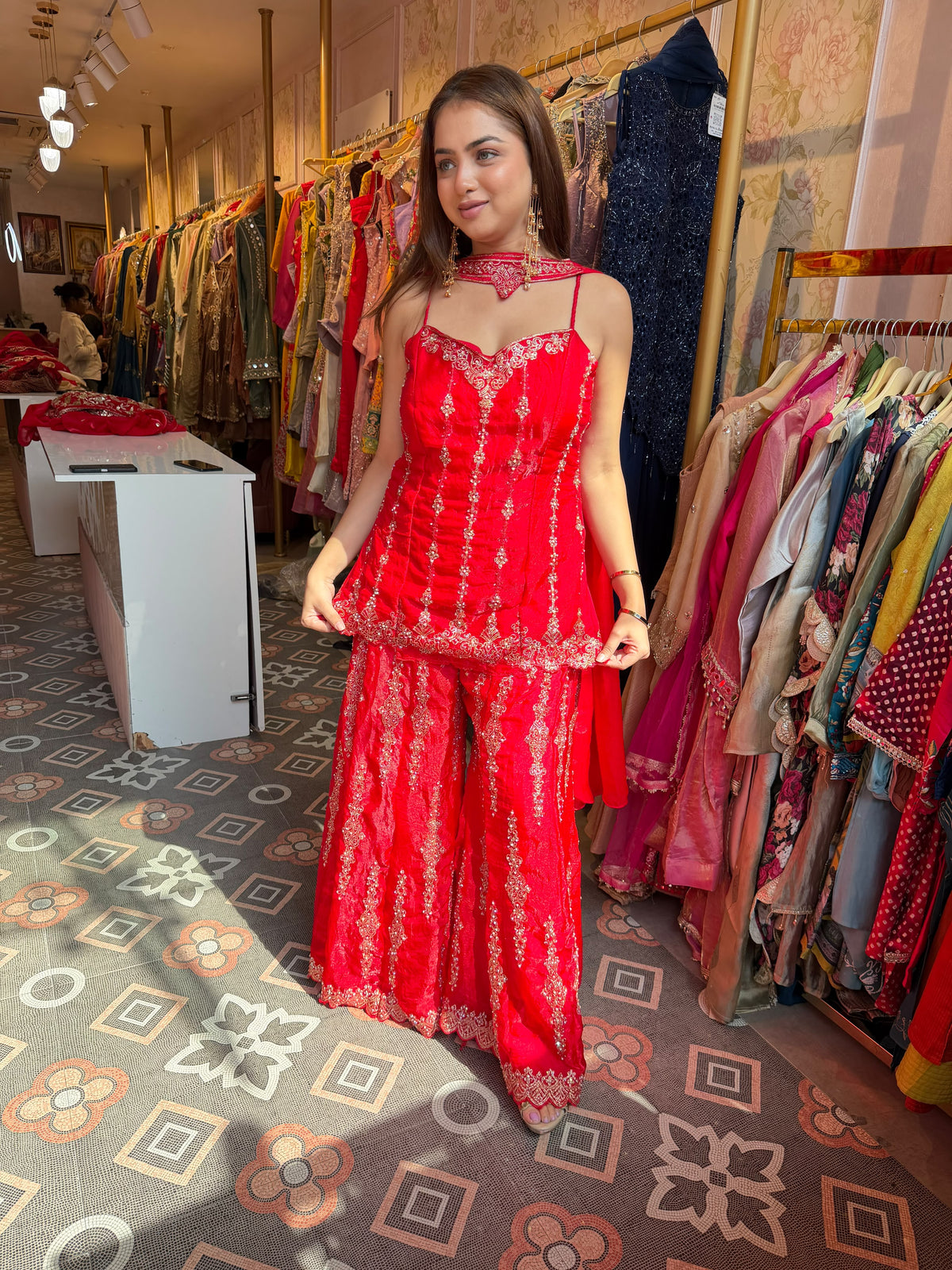 Red Embroidered Sharara Suit with Sleeveless Peplum Top