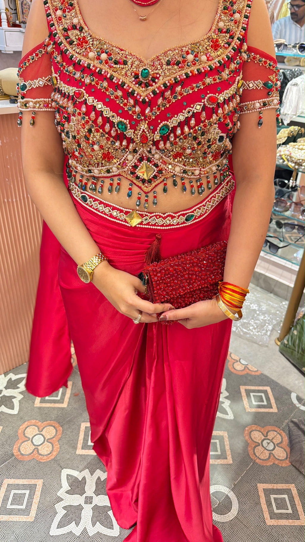Red Embellished Cold-Shoulder Crop Top with Draped Palazzo Pants