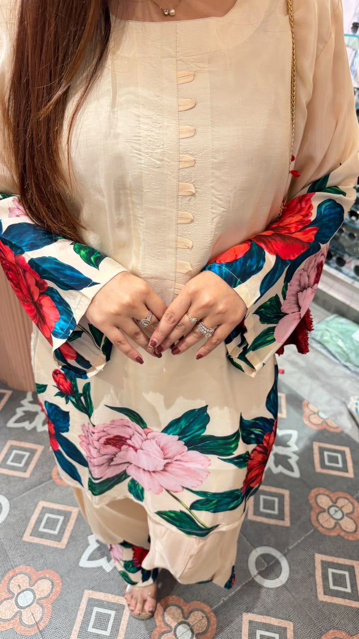 Ivory Floral Printed Kurta with Palazzo Pants