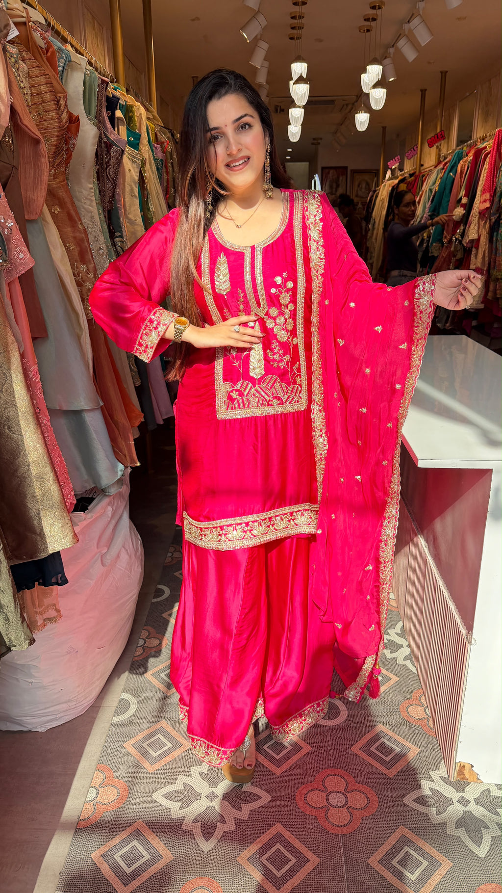 Hot Pink Silk Straight Kurta with Palazzo