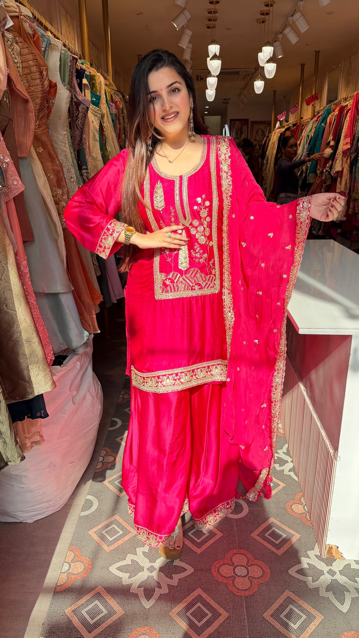 Hot Pink Silk Straight Kurta with Palazzo