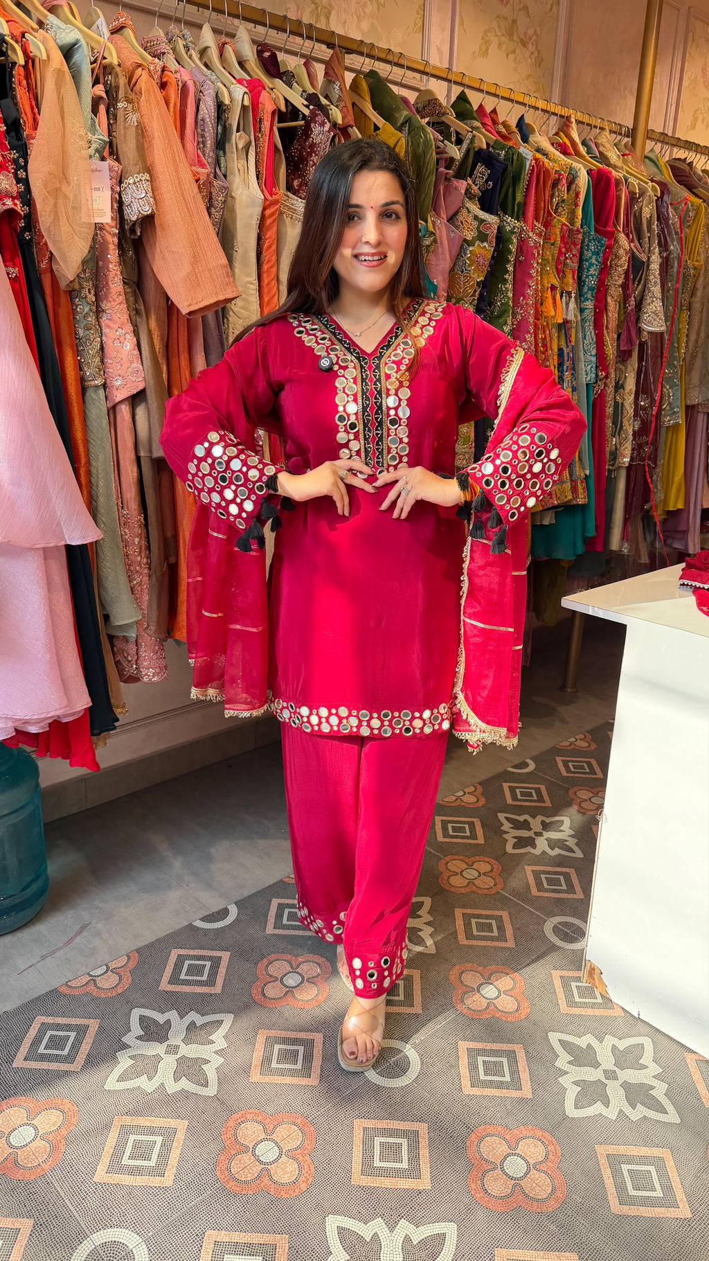 Fuchsia Pink Mirror-Work Kurta with Cigarette Pants Set