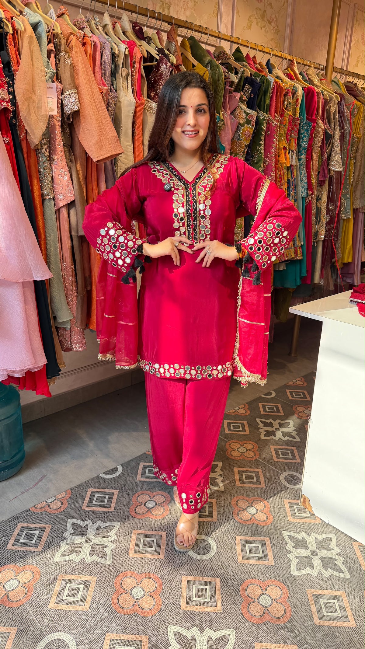 Fuchsia Pink Mirror-Work Kurta with Cigarette Pants Set