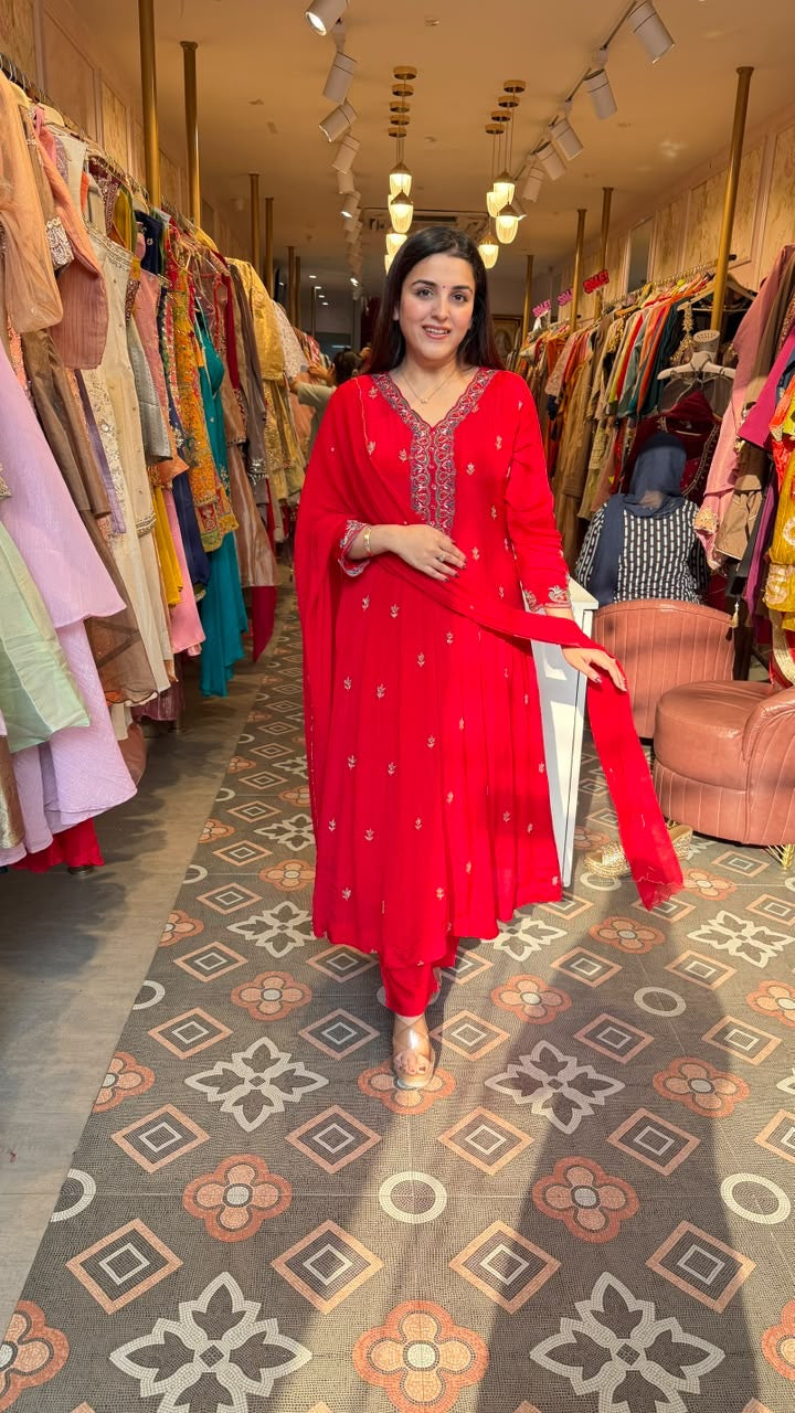 Red Embroidered Anarkali Suit with Chiffon Dupatta