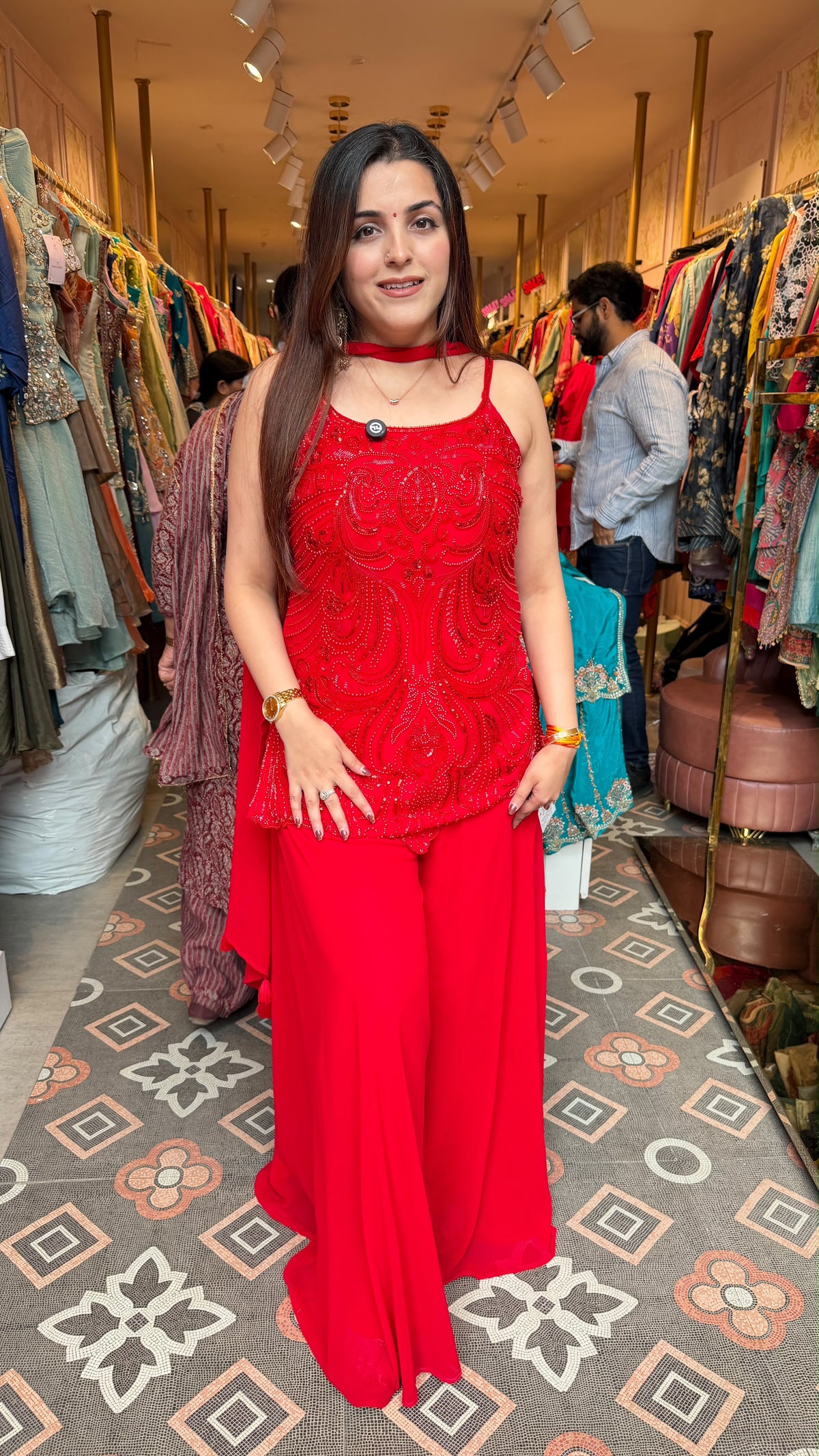 Red Embellished Peplum Palazzo Co-ord Set