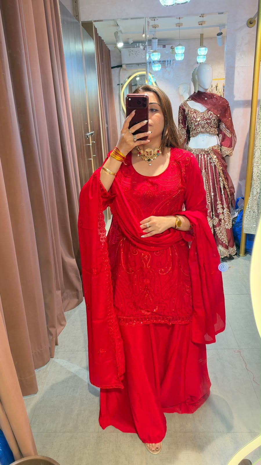 Red Embroidered Punjabi Suit Set with Palazzo