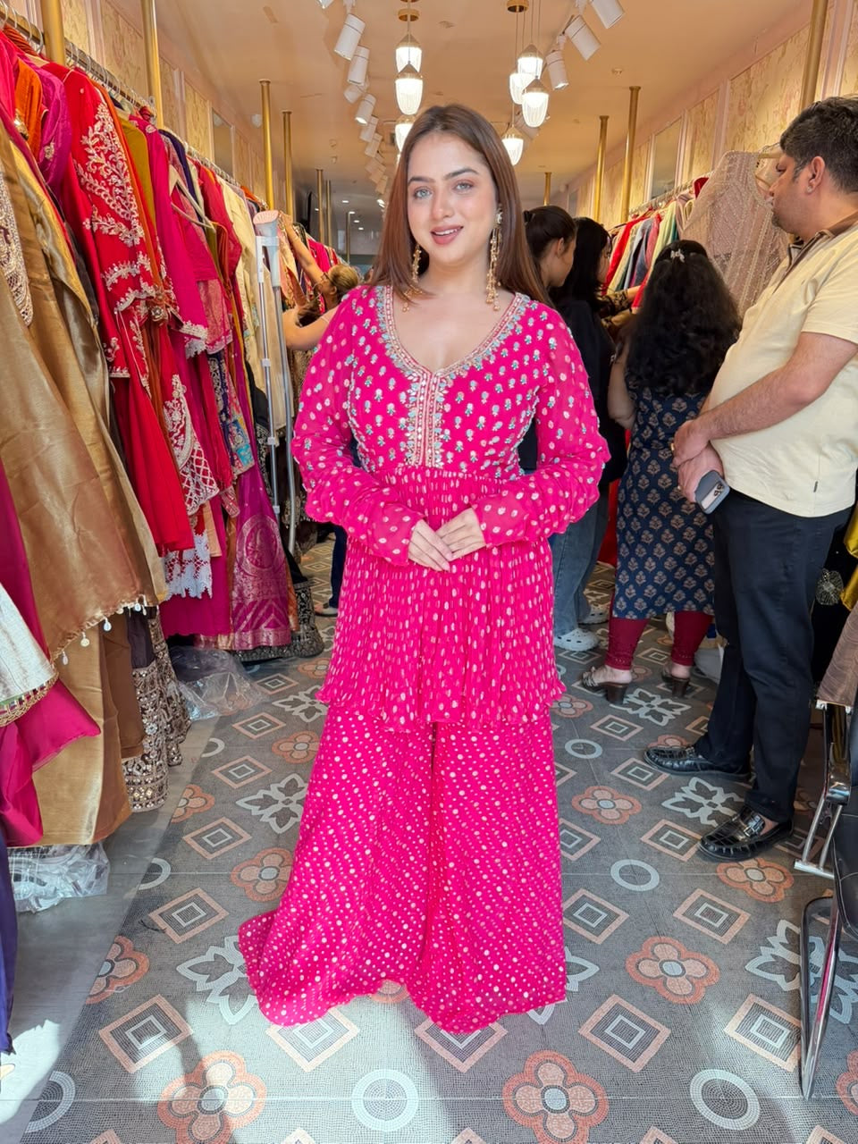 Hot Pink Embroidered Peplum Sharara Suit