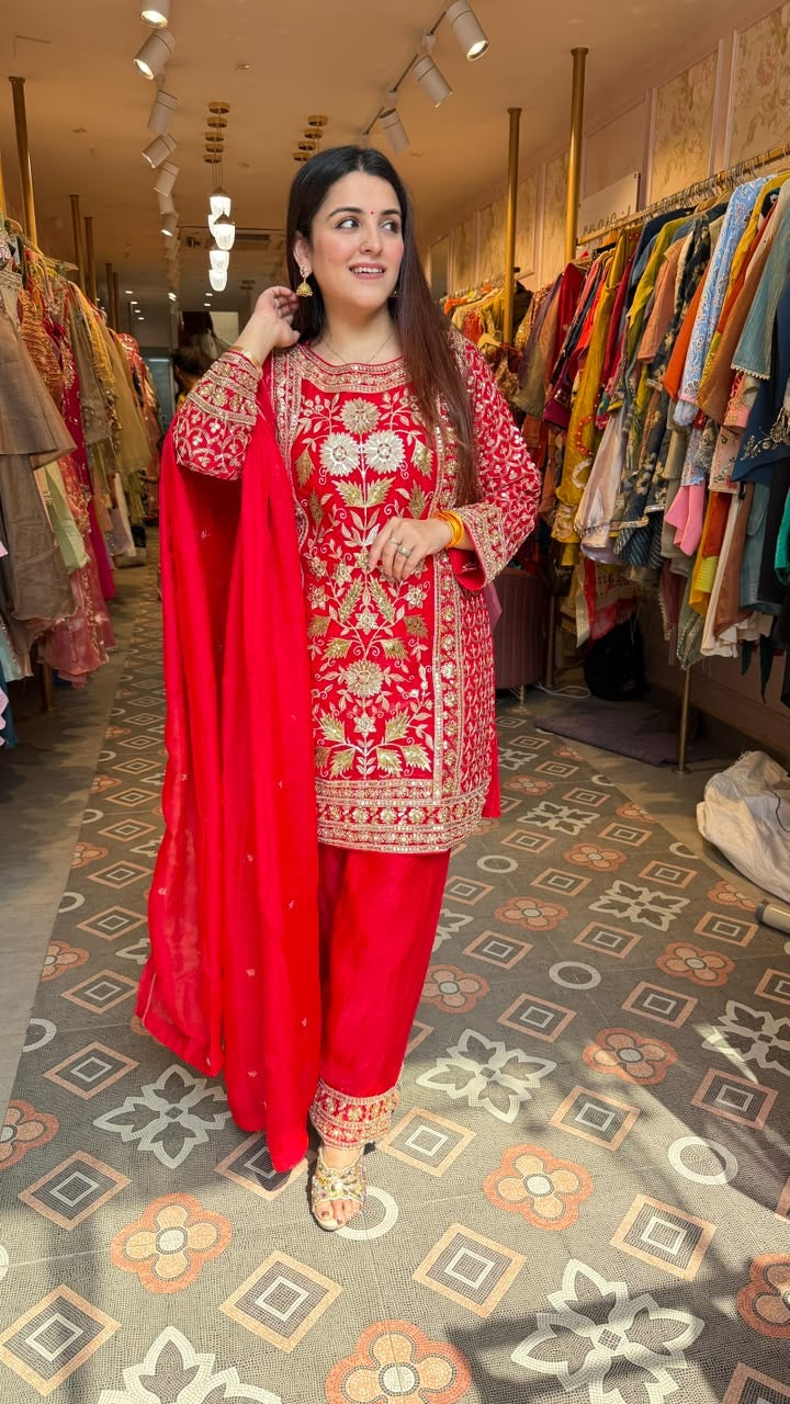 Fuchsia Embroidered Straight Kurta with Palazzo Pants & Dupatta