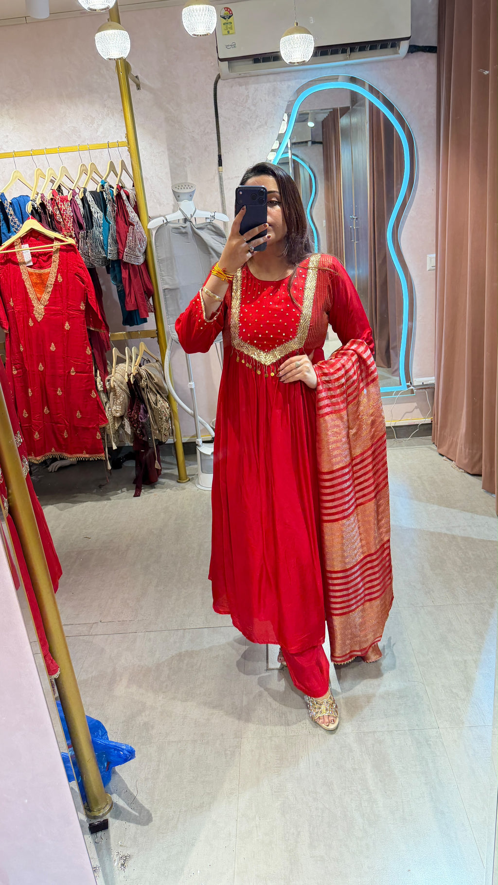 Red Embroidered Anarkali Suit with Gota Patti Dupatta