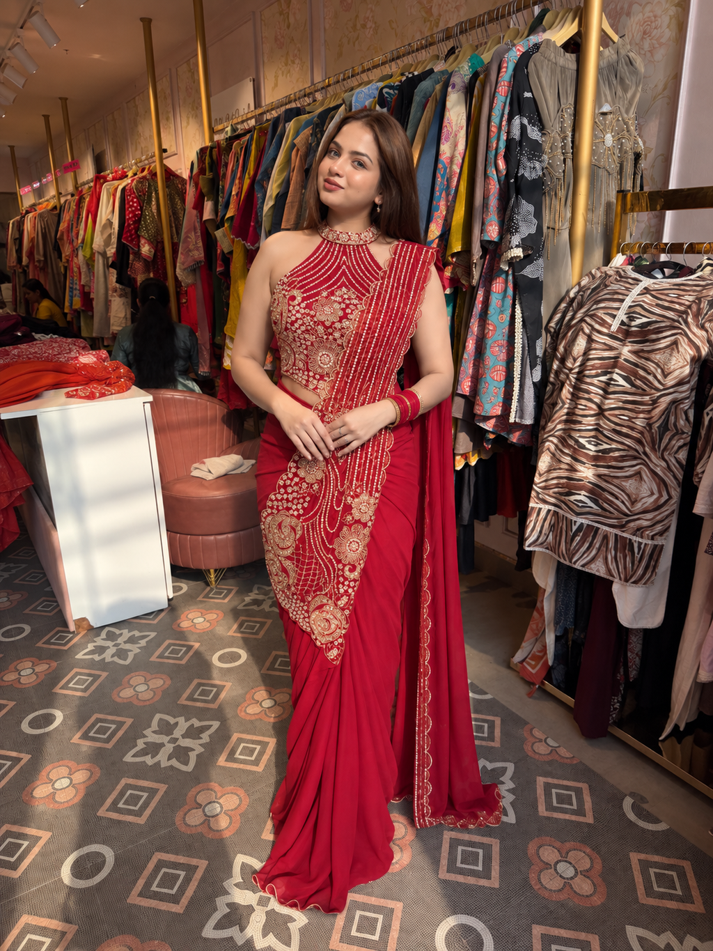 Red Embroidered Pre-Draped Saree with Halter-Neck Blouse