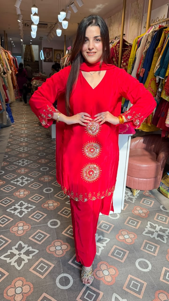 Embroidered Straight-Cut Kurta with Cigarette Pants & Dupatta
