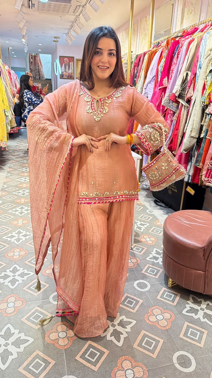 Peach Chanderi-Style Kurta Palazzo Set with Statement Embroidered Cuffs