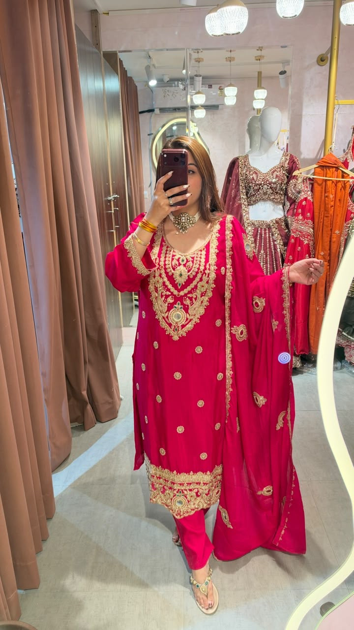 Regal Red Embroidered Straight-Cut Suit