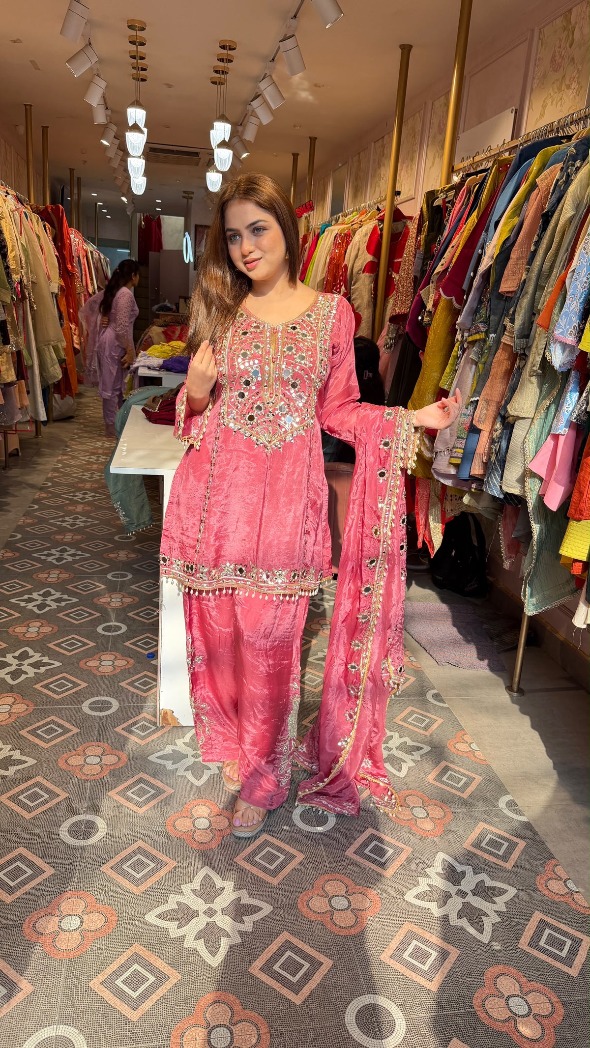 Mirror Embroidered Straight-Cut Suit with Palazzo Pants