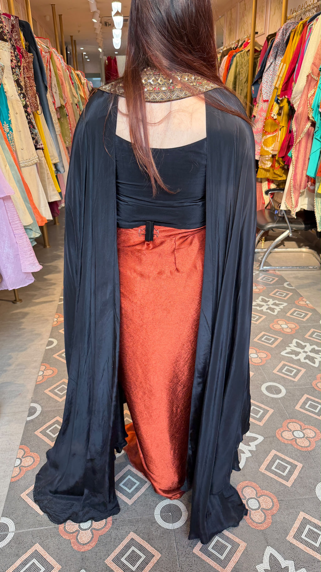 Black Cape-Style Kurta with Rust Satin Palazzo Pants