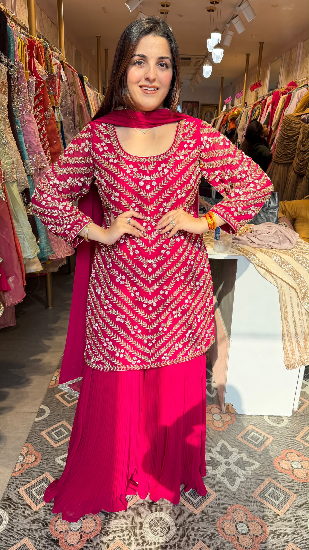 Fuchsia Pink Embroidered Straight Kurta with Flared Palazzo Set