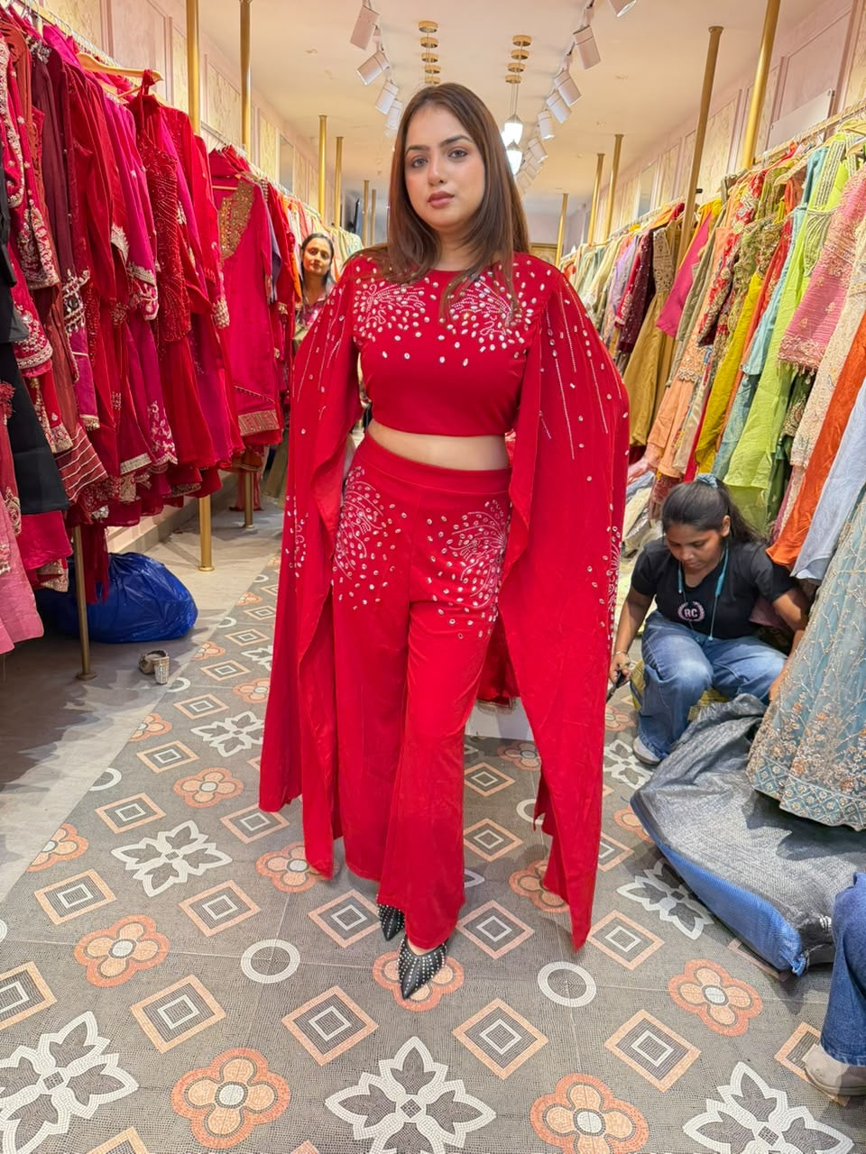 Stylish Embroidered Crop Top with Pant & Cape Indo-Western Co-Ord Set