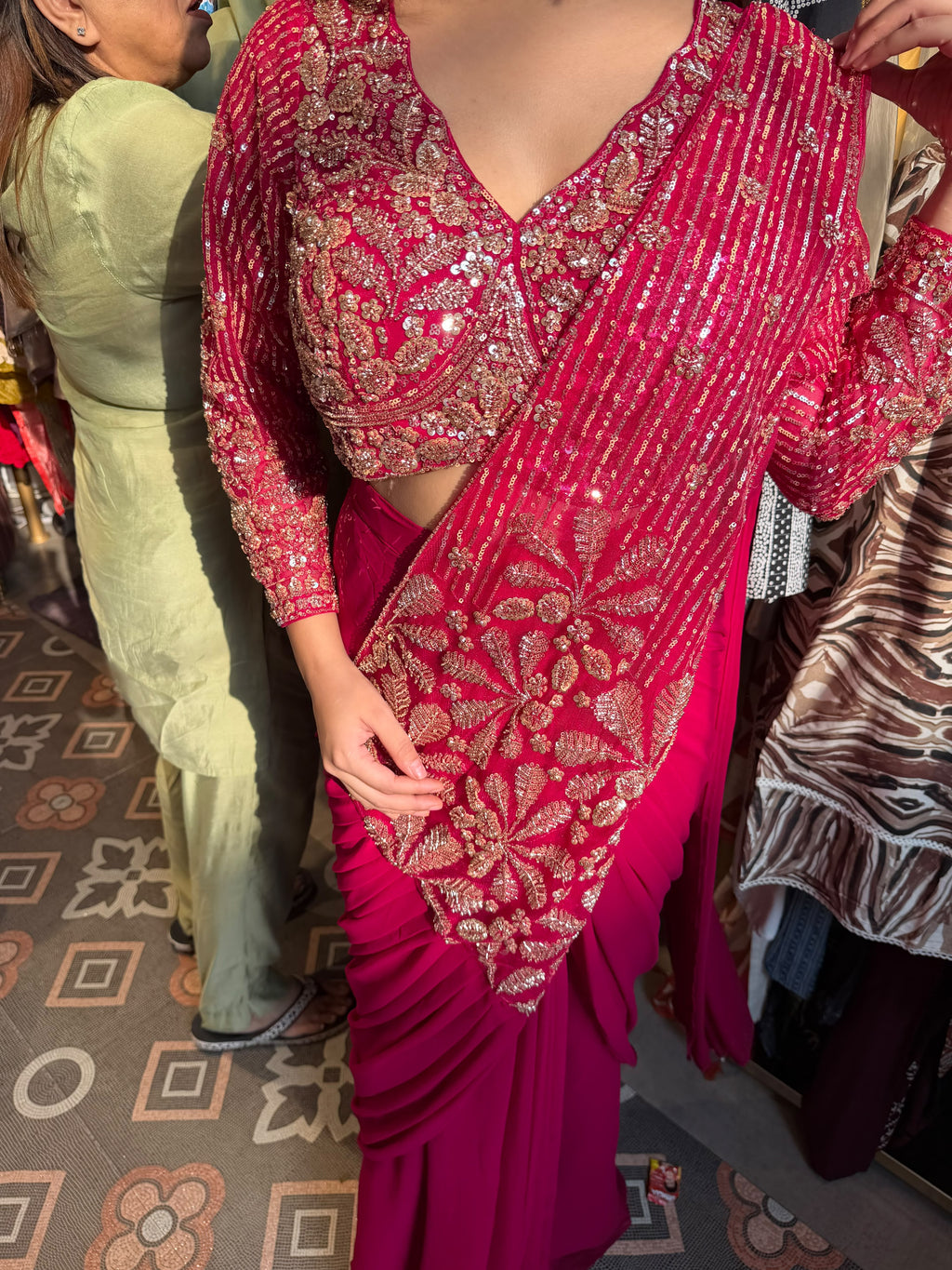 Fuchsia Pink Pre-Draped Saree with Embroidered Blouse