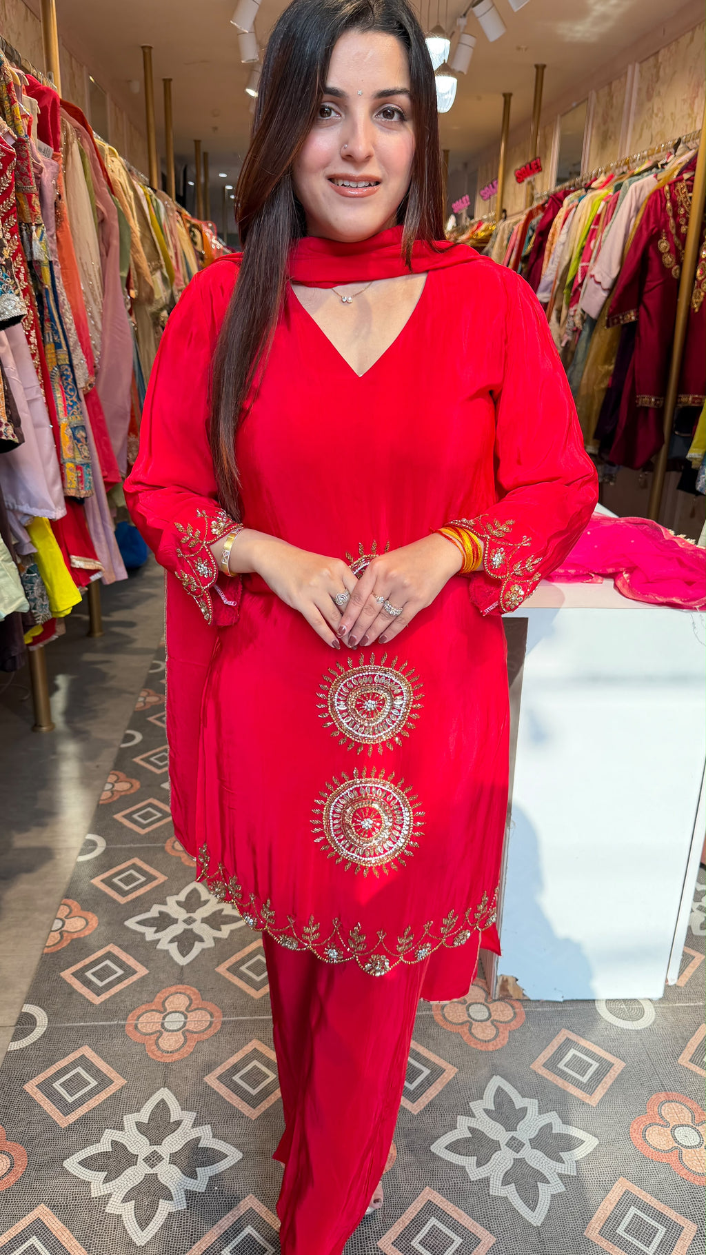 Embroidered Straight-Cut Kurta with Cigarette Pants & Dupatta
