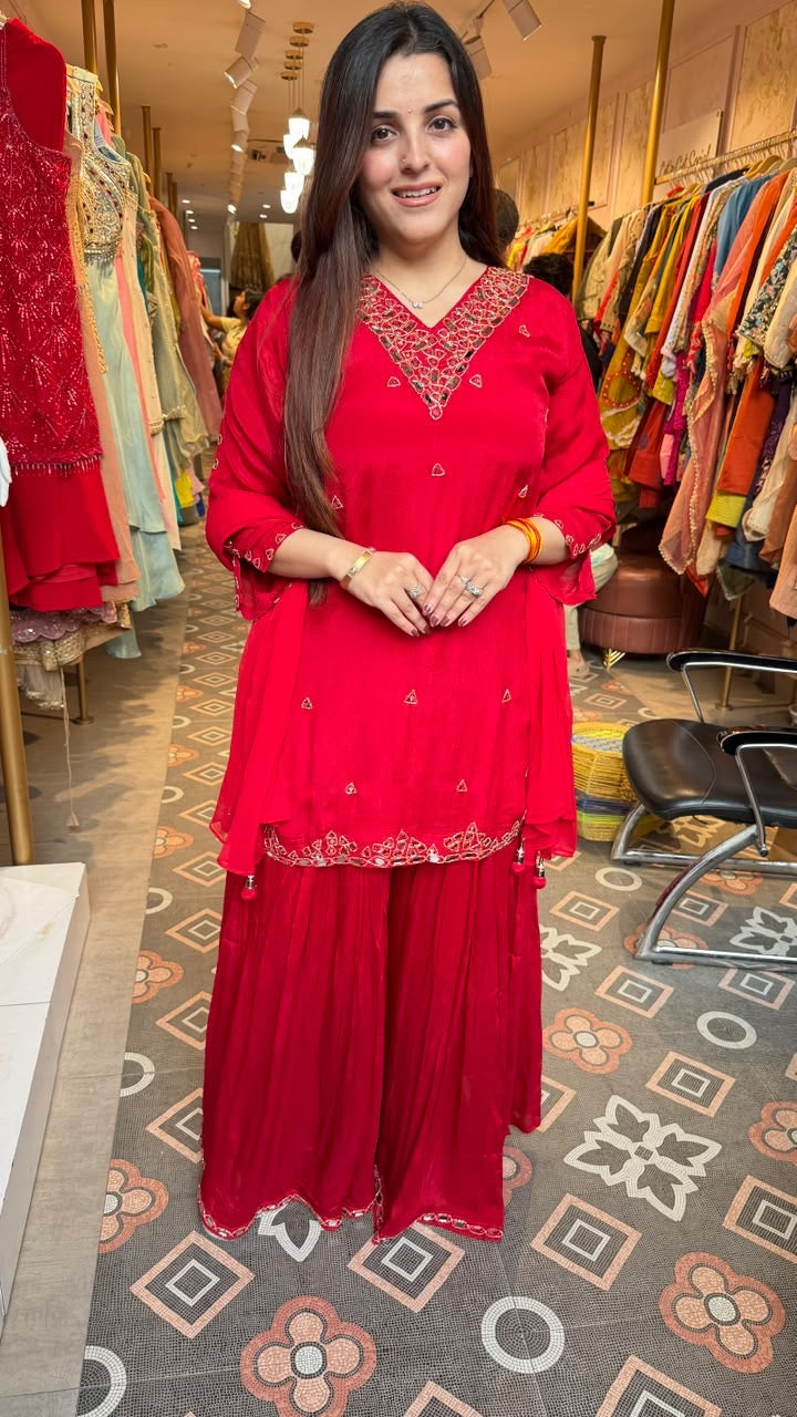 Red Embroidered Peplum Kurta with Sharara Set